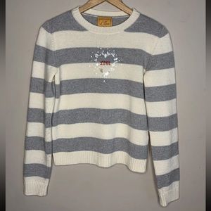 LE LION “LOVE” Heart Gray Wool Striped Crew Neck Sweater Womens Size XS